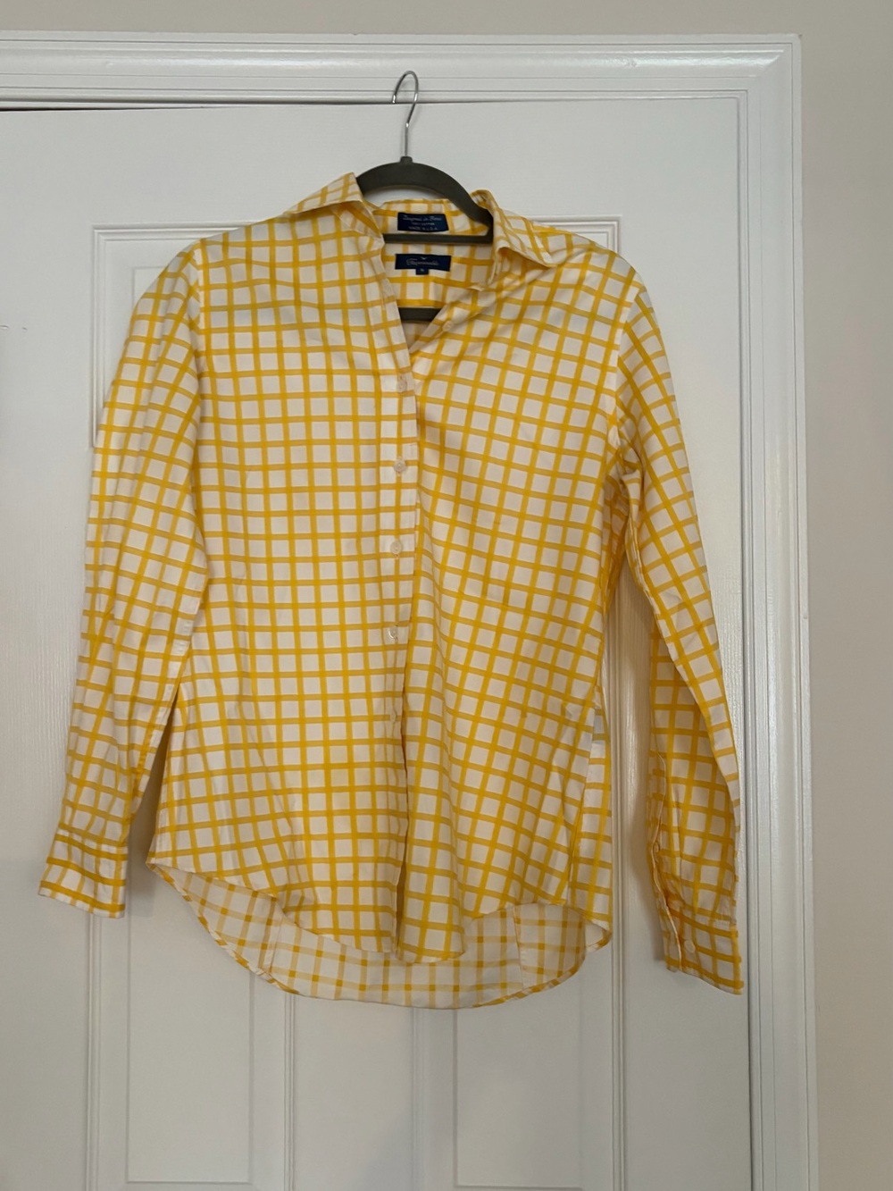 EUC Women’s Faconnable Yellow White Windowpane Check Button-Down Shirt Sz Small